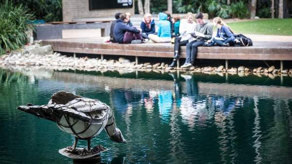 Students sitting near the duckpond at UOW campus