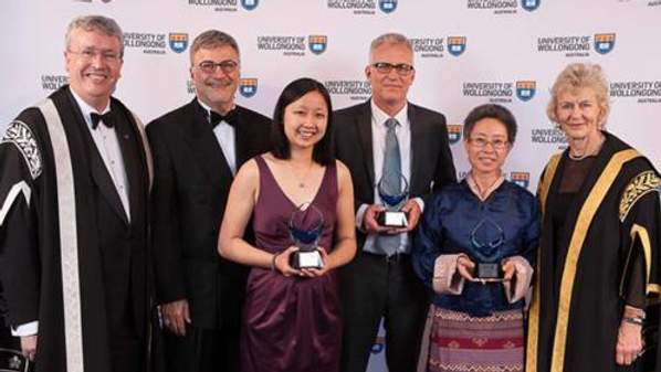 From left: Vice-Chancellor Paul Wellings, CBE, Silvio Rivier (Award Orator and alumnus), Dr Teena Downton, Grahame Gould, The Honourable Tashi Wangmo, Chancellor Jillian Broadbent AO