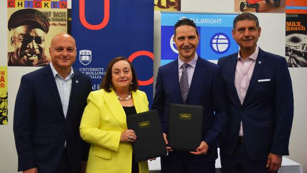 UOW DVC Global Strategy Professor Alex Frino, UOW Vice-Chancellor Professor Patricia Davidson, Executive Director of The Australian-American Fulbright Commission ProfessorJames Arvanitakis, UOW Director of Government Relations Canio Fierravante.
