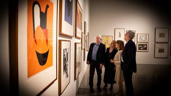 Donor Douglas Kagi with his partner and the UOW VIce-Chancellor Professor Paul Wellings view the exhibition. Photo: Paul Jones