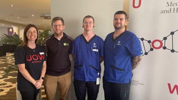 Catherine Stephen, Joel Wilkinson with nursing students Zac Prestoe and Byron Davis at the UOW School of Nursing blood pressure stall on Friday 17 November. Photo: Catherine Stephen
