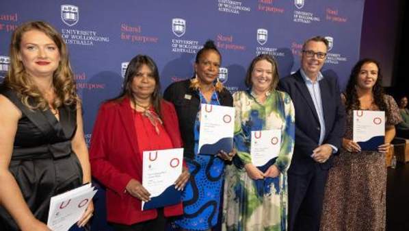 Award recipients, Djiringanj Indigenous community members Aunty Ellen Mundy and Bronwyn Luff, Emma Stewart, Samantha Avitaia and Linda Hatcliffe were awarded the Vice Chancellor’s Indigenous Advancement Award on Thursday 22 October 2024. Photo: Mark Newsham