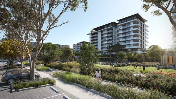 Artist's impression of the 'green heart' of Phase 1 of the Health and Wellbeing Precinct development on Innovation Campus