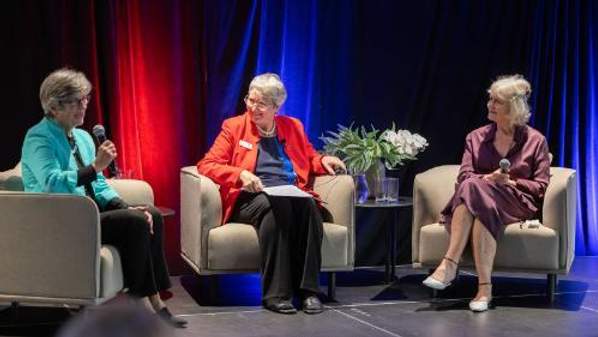 Business leader Diane Grady, Interim Executive Dean of the Faculty of Business and Law Professor Grace McCarthy and former UOW Chancellor Jillian Broadbent during their fireside chat.
