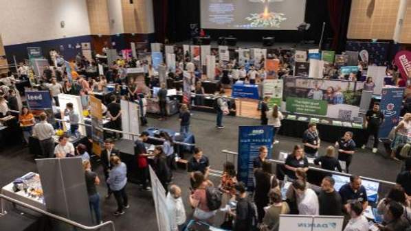 UniHall is transformed into the UOW Graduate Careers Expo, with exhibitors and students.