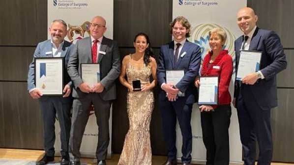 Award recipients at the 2023 New South Wales Surgeons' evening. L to R: Dr Raffi Qasabian, Dr Angus Gray, UOW Associate Professor Laurencia Villalba, James Lockhart, Associate Professor Margaret Schnitzler, and Dr Bish Soliman. Supplied by Royal Australasian College of Surgeons.