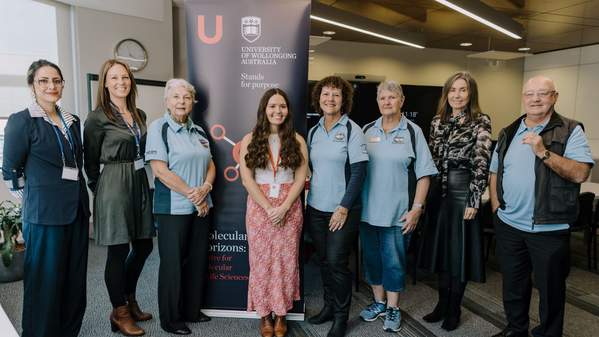 phD student Elahe Minaei, Associate Professor Kara Vine-Perrow, research assistant Chelsea Penny, Senior Professor Marie Ranson with Illawarra Cancer Carers representatives (Patricia Hearn, Sonia Jennings, Dave Berry). Photo: Michael Gray