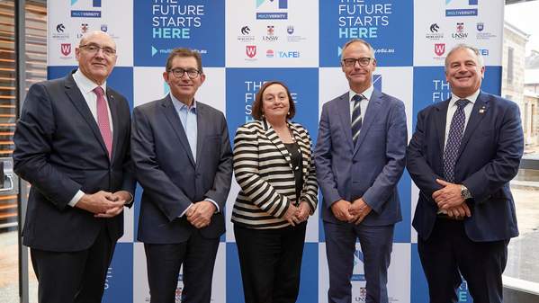 WSU Vice-Chancellor Professor Barney Glover, UNSW Vice-Chancellor Professor Ian Jacobs, UOW Vice-Chancellor Professor Prof Patricia Davidson, TAFE NSW Managing Director Mr Steffen Faurby, UON Vice-Chancellor and Multiversity Board Chair Professor Alex Zelinsky.