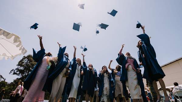 UOW graduates throw their mortarboards in the air after the completion of their graduation ceremony.