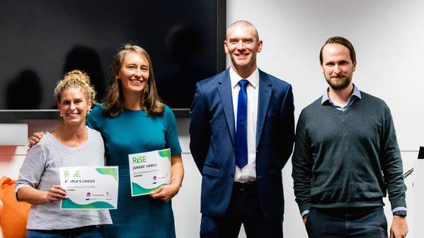 iAccelerate Rise Eurobodalla Pitch people's choice winner Sanchee Barnes; judge's choice winner Fiona McCuaig; Eurobodalla Mayor Mathew Hatcher, and iAccerlerate Ecosystem Evangelist Chris Petersilge