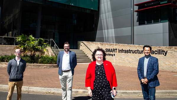 Johan Barthelemy, Iain Russell, Tania Brown, Pascal Perez at the SMART Infrastructure Facility for the launch of the Telstra-UOW Hub for AIOT Solutions