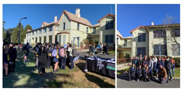 A collage of staff and high school students taking part in the UOW Southern Highlands Future Finder Day. They all stand in a group in front of the TAFE NSW Goulburn