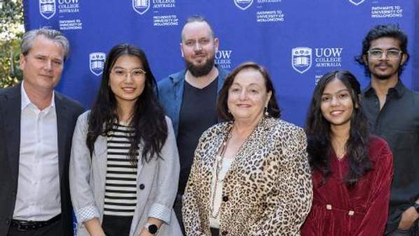 UOW College Australia General Manager Felix Lanceley, Mai Phuong Ngo, Byron Frencham, UOW Vice-Chancellor Professor Patricia Davidson, Kamakshi Bhatt and Gunjan Wagh at the celebration of UOW College Australia's 35 year milestone.