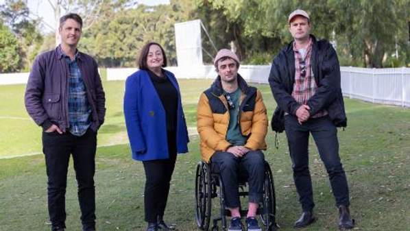 Professor Patricia Davidson, second from left, with the team from Yours and Owls, Adam Smith, Ben Tillman and Balunn Jones. They are standing at an Oval at UOW. Photo: Mark Newsham.