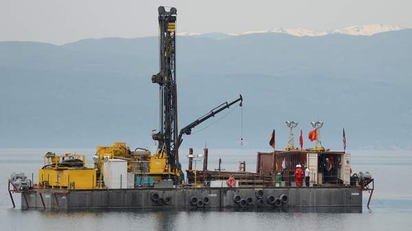 Drilling platform for deep drilling in Lake Ohrid (Photo credit: Thomas Wilke).