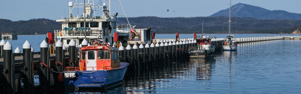 Eden, NSW. Wharf with fishing boats tethered. Mountain in the background, blue sky