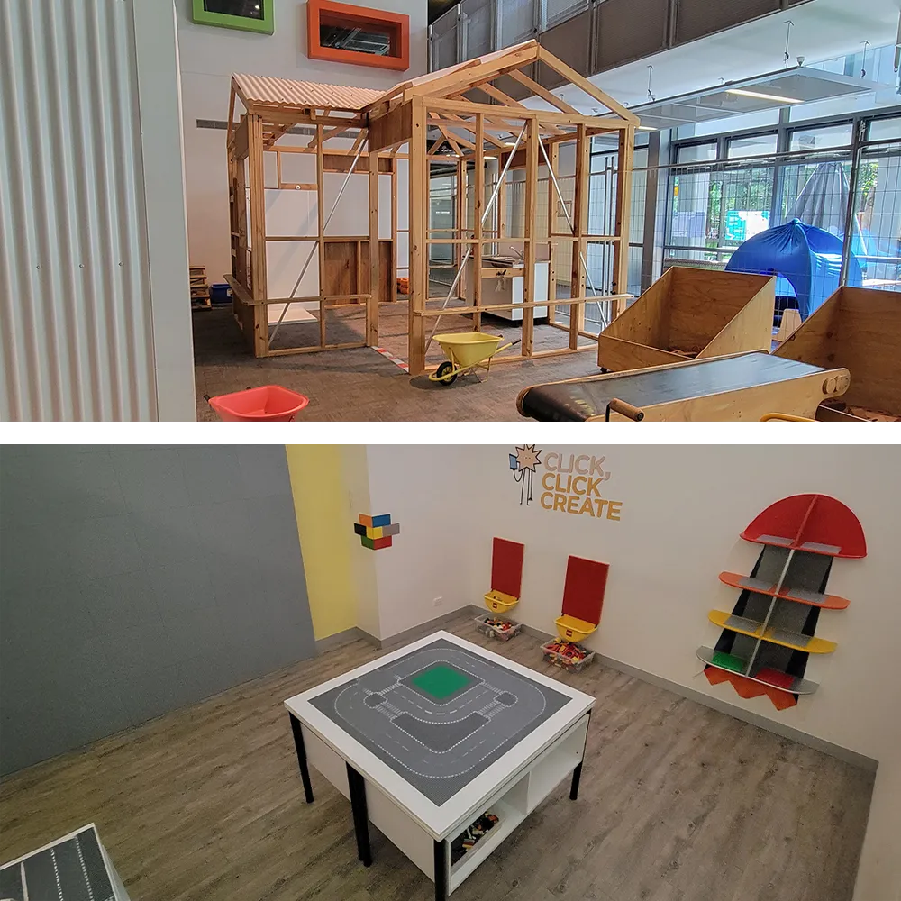 At Early Start Discovery Space I can build in the construction zone and I can build in the click clack zone