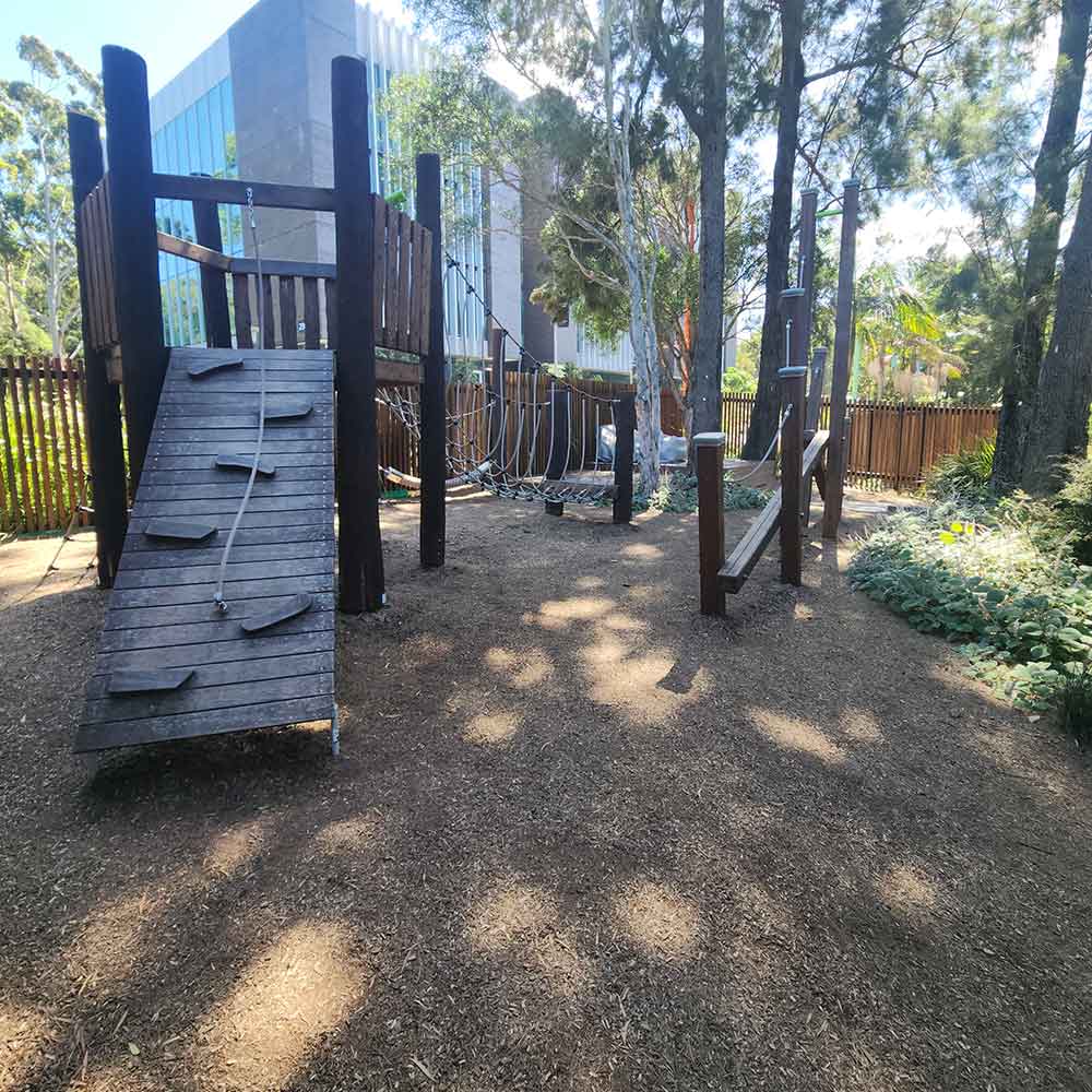 The Circle garden has a wooden ramp to climb up and some fun obstacles to balance on.