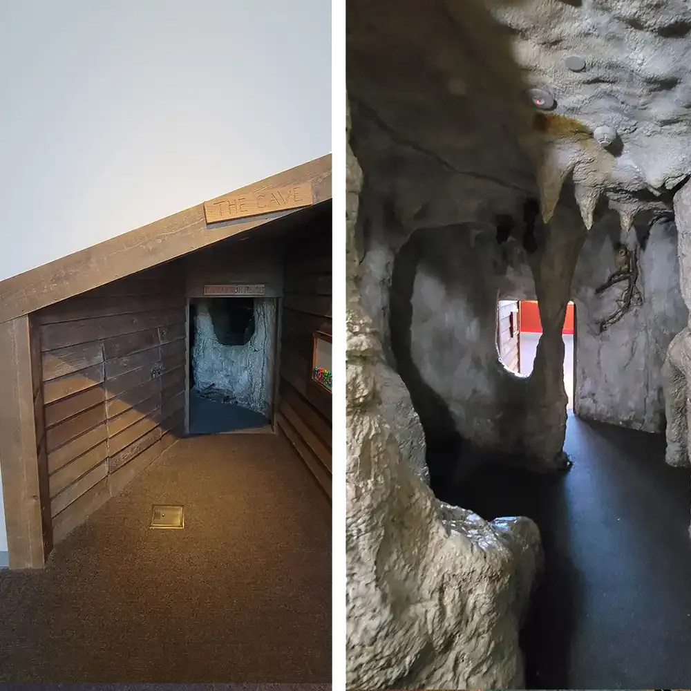 Enter the cave through the front of the cottage, it looks dark .
