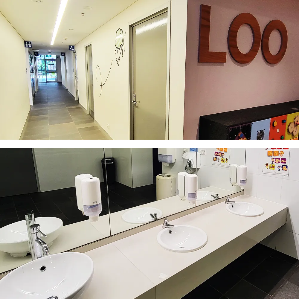 Location and interior of bathrooms at Discovery Space