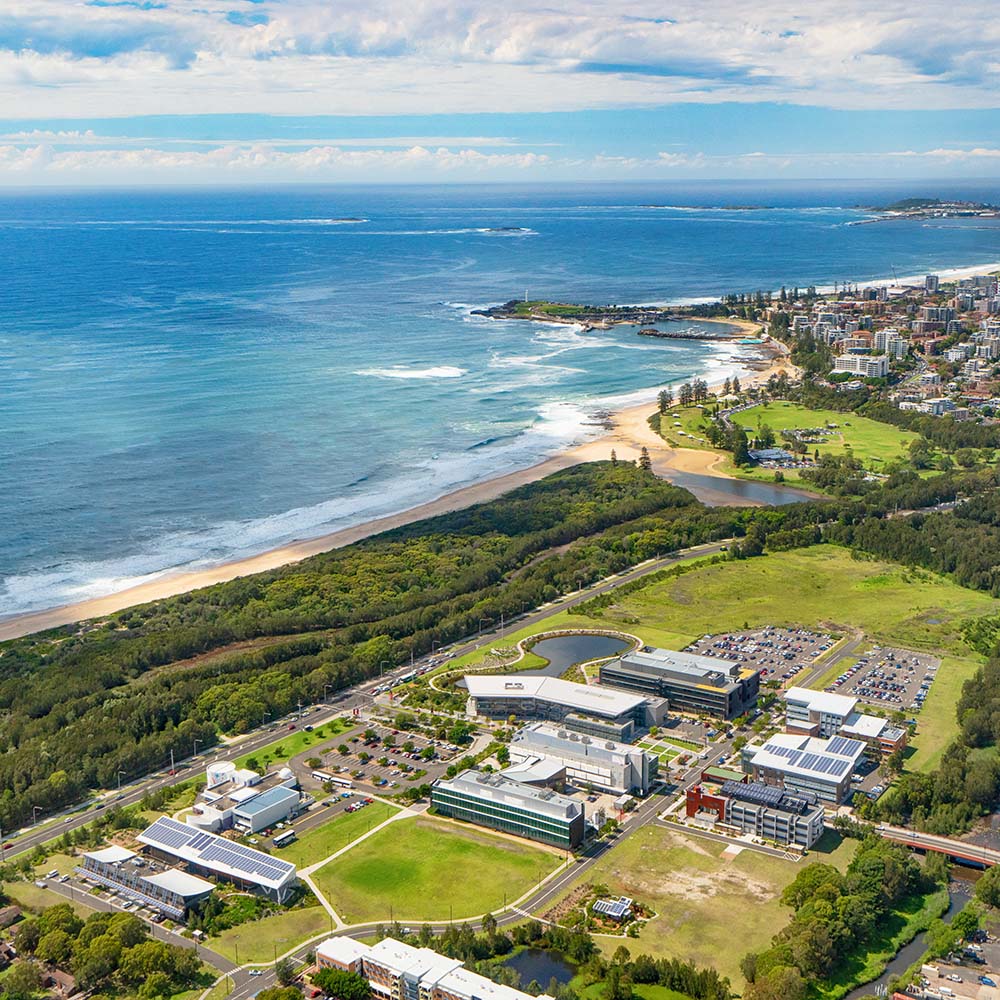 Aerial view of Innovation Campus adjacent to the Wollongong coastline