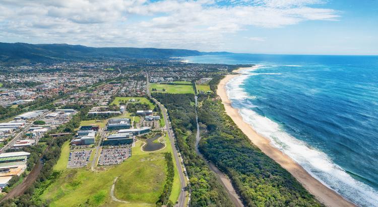 Innovation campus from the air, looking north over escarpment and sea