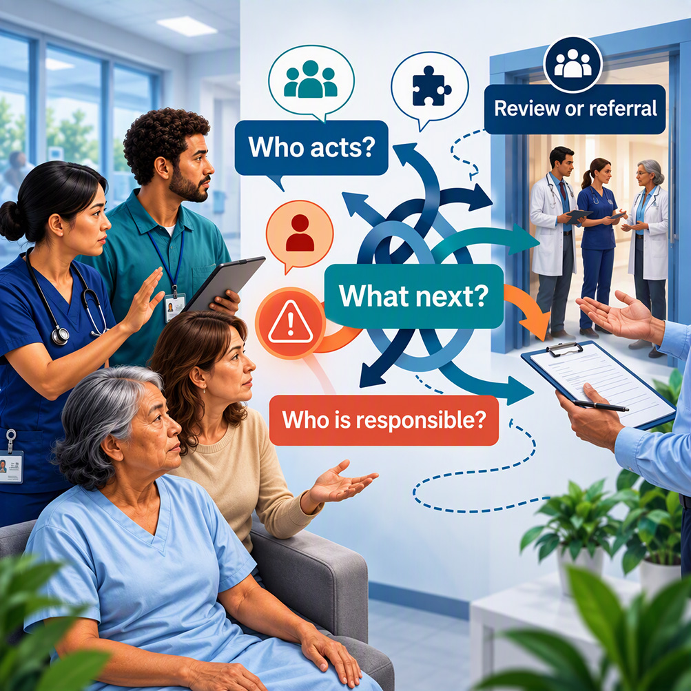 AI generated graphic depicting patient, family members and healthcare professionals navigating questions about responsibility, next steps and referral pathways, illustrating challenges in turning recognised concerns into action.