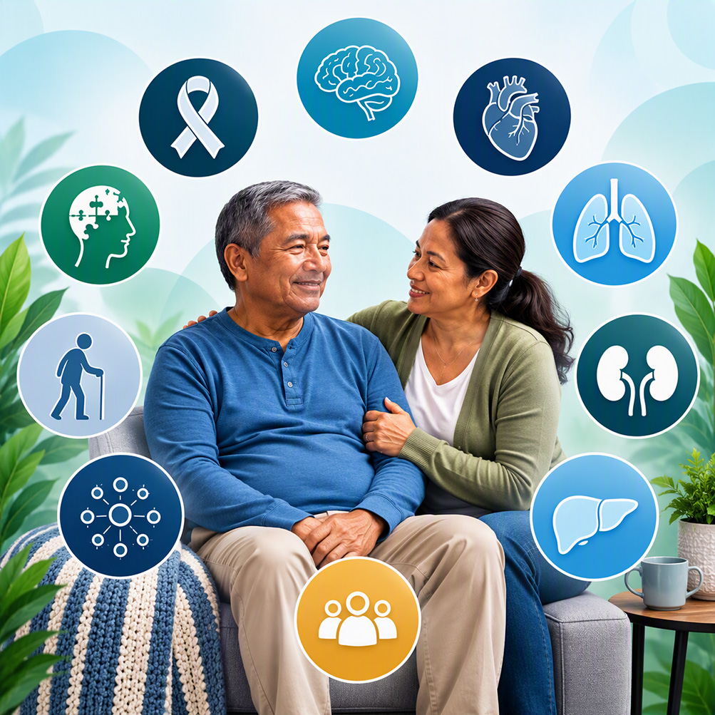 AI generated graphic showing a person living seated with a caregiver, surrounded by icons representing physical health conditions, mobility, mental health, social connection and family support needs.