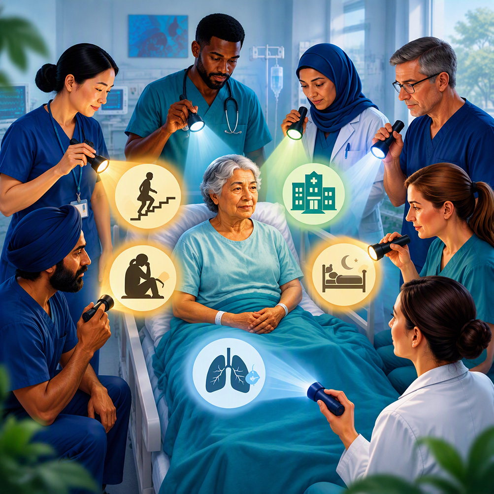 AI generated graphic of a patient in a hospital bed surrounded by healthcare professionals focusing on different areas of need, illustrating variation in recognising physical, emotional, functional and social concerns.