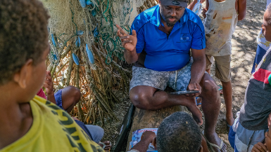 Fisheries officer Pita Neihapi talking to the community chief Norsup Mainland Malekula Vanuatu 2022
