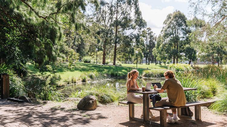 Two people are sitting on an outside table and bench with green trees surrounding them.