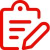Red outline of a pen and a task list clip board with clicks and lines.