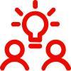 Red outline of two people with a light bulb lite between them