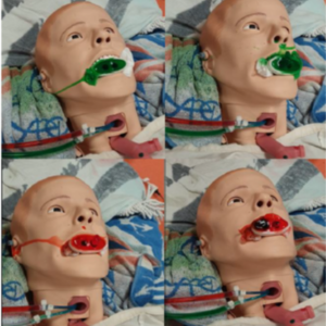 Four-panel image showing a medical training mannequin lying on a hospital bed with tubes attached to the neck area.