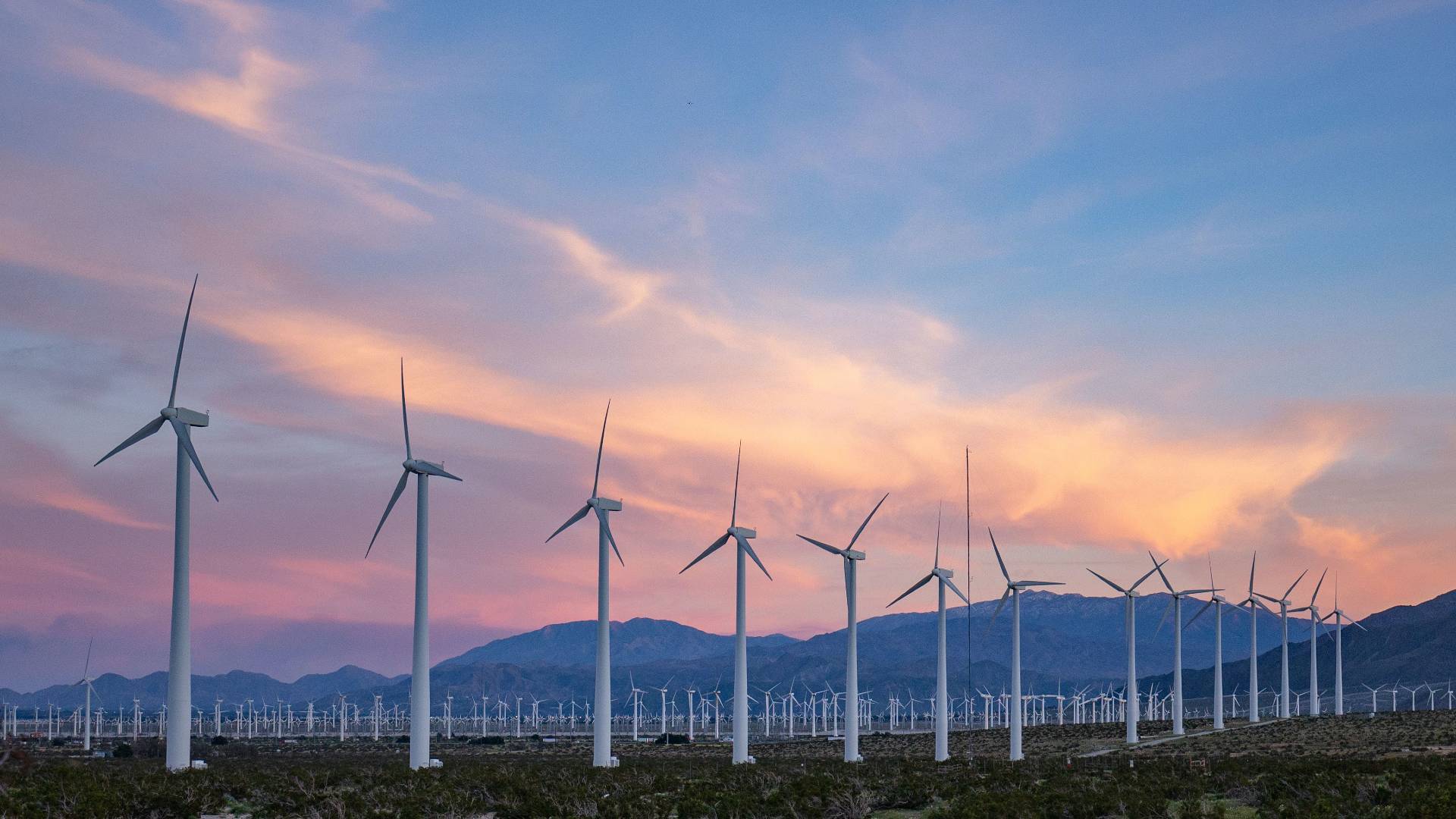 Wind turbines, sunset in background