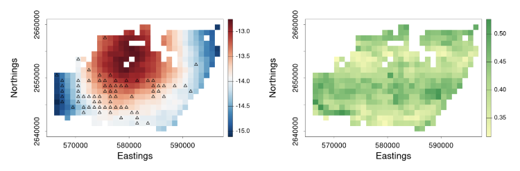 Soil-temperature prediction (mean of the soil-temperature downscaled samples), with sites where moss was present (triangles) in background (left panel); and standard deviation of the soil-temperature downscaled samples (right panel).