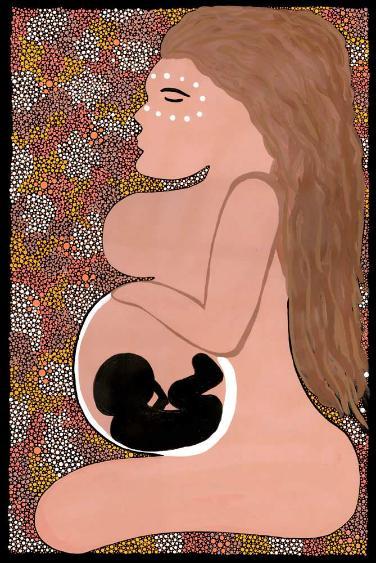 Aboriginal painting of pregnant mother licensed to Meahala Brown-Langlo.
