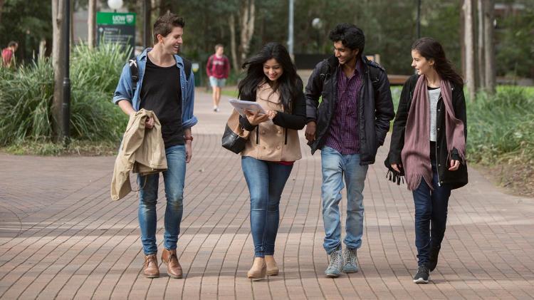 International students walking on path near duckpond lawn at Wollongong campus
