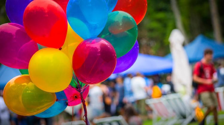 Multi coloured balloons on campus for Orientation weeek