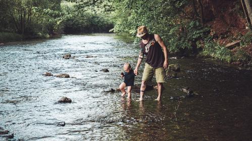 Boy holding fathers hand as they walk through an ankle deep creek
