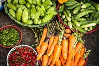 Vegetables displayed on bench