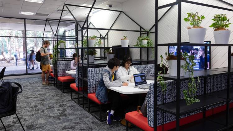 Students busily studying in the collaborative spaces on the Ground Floor of Wollongong Campus Library