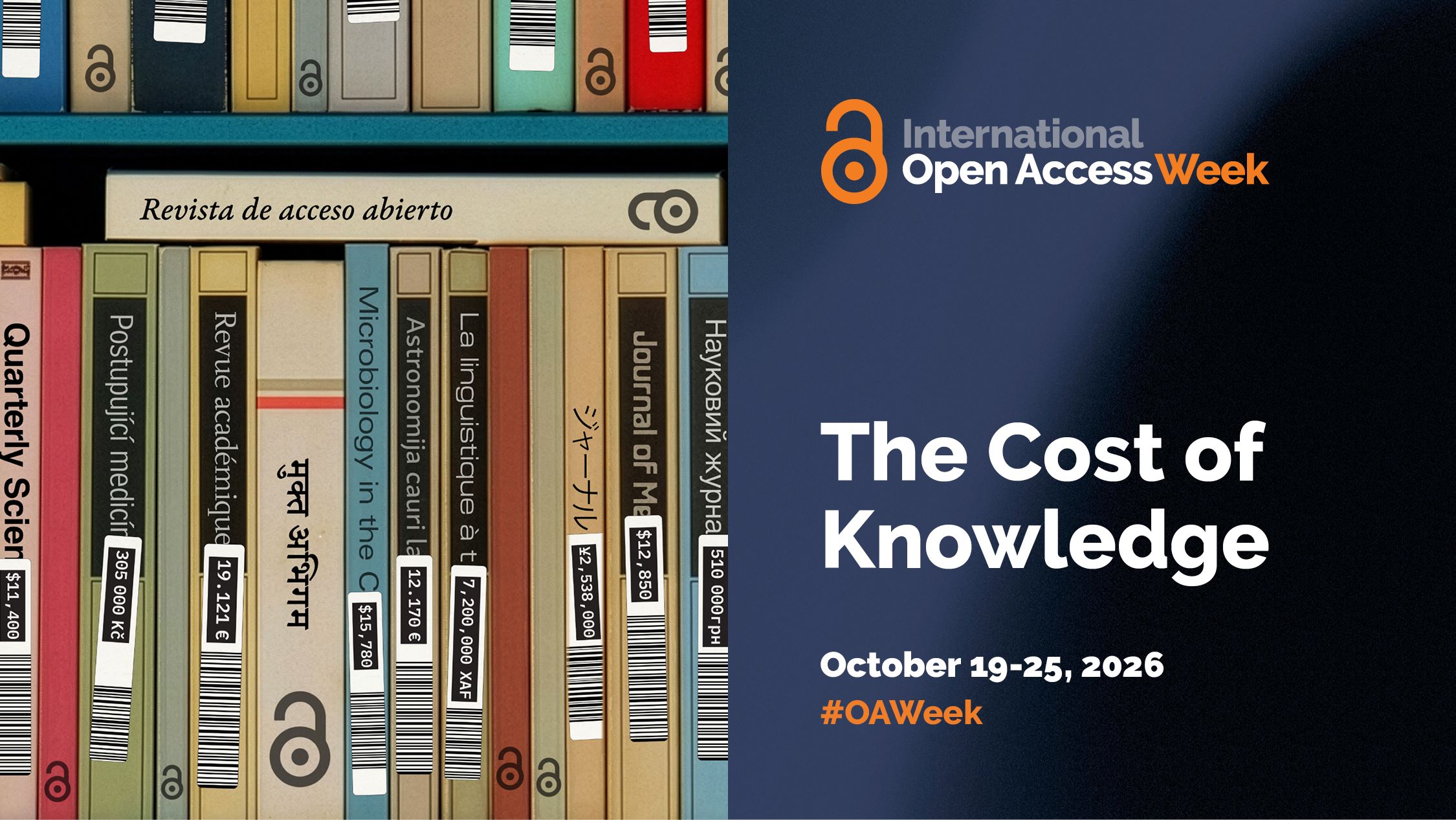 Image for International Open Access Week showing book spines on a shelf with prices attached in various currencies.