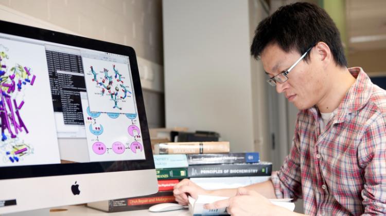 Man sitting at a desk with computer, reading text book