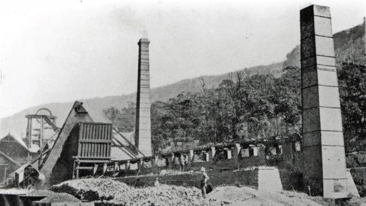 Black and white photograph of coke works showing two tall chimneys