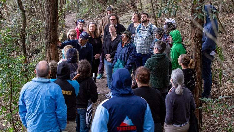 Photo of UOW staff members learning about Country at Mount Keira