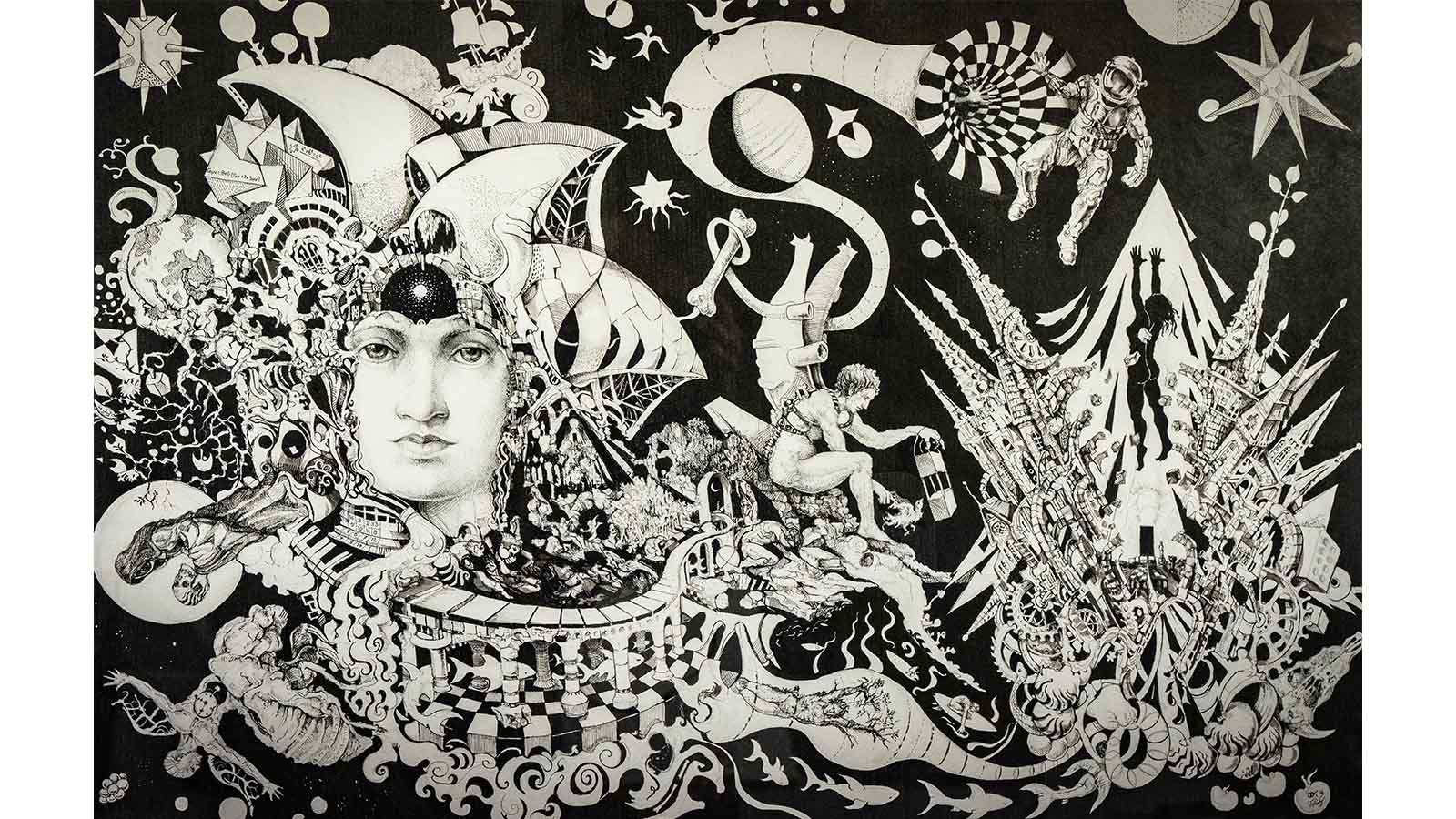 A black and white surrealist artwork