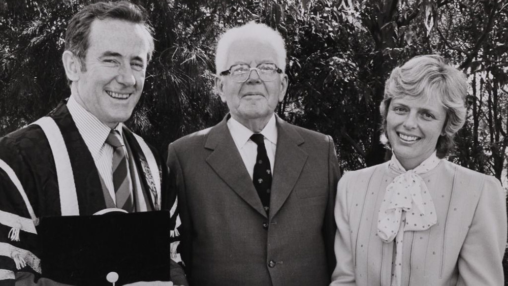 Vice-Chancellor Ken McKinnon, Sir Mark Oliphant and Ms Suzanne Walker at UOW Graduation in 1983.