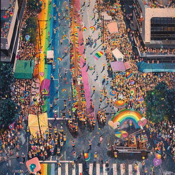 Aerial view of vibrant Pride parade