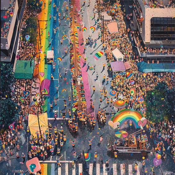 Aerial view of vibrant Pride parade